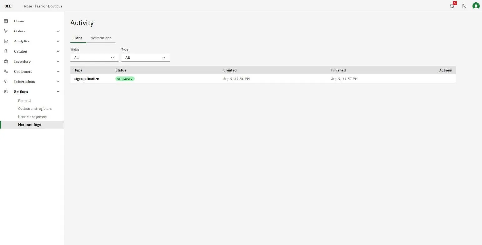The activity page showing the jobs list with their statuses and download actions