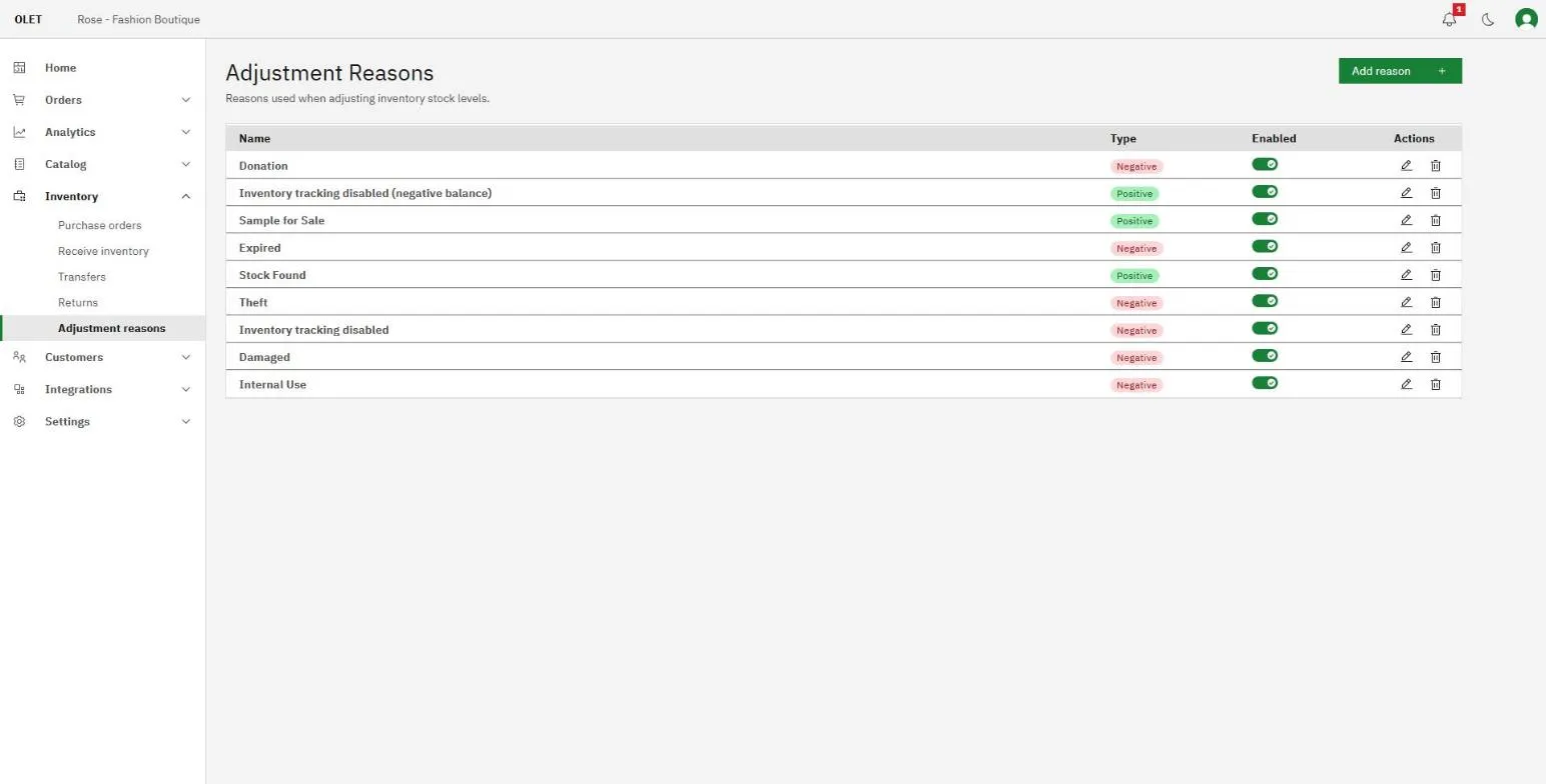 The adjustment reasons list with positive and negative reasons