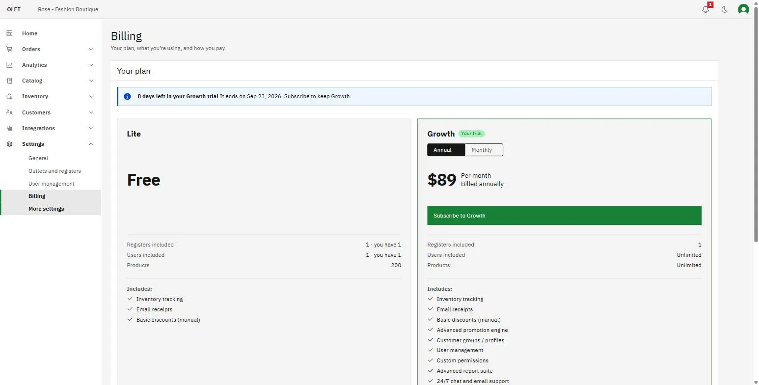 The Billing page in the back office showing the trial notice and the Lite and Growth plans side by side