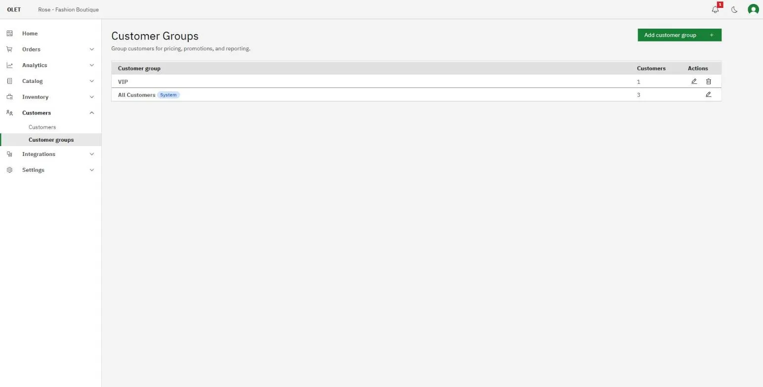 The customer groups list showing each group name and how many customers are in it