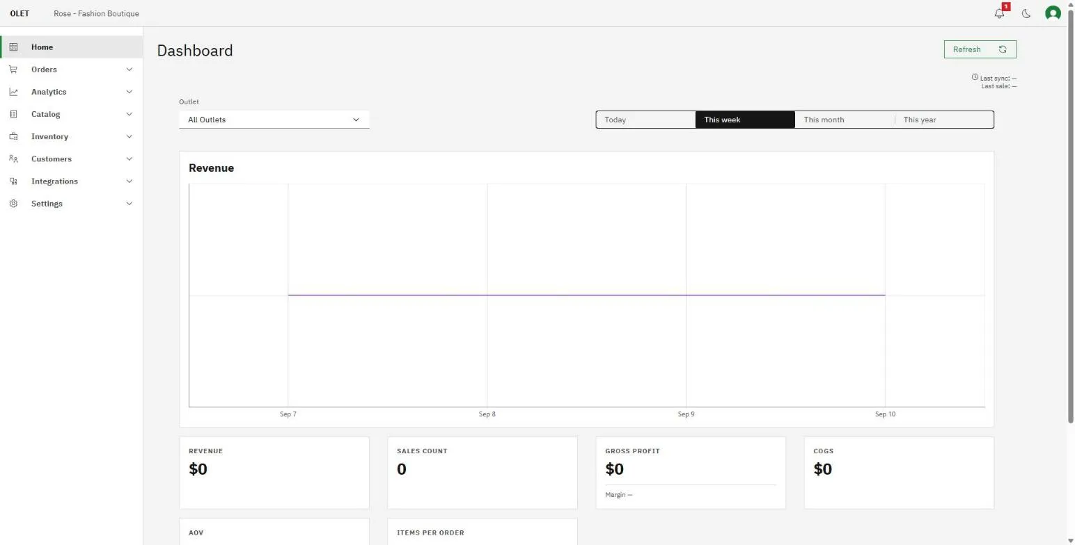 The OLET back office Home dashboard