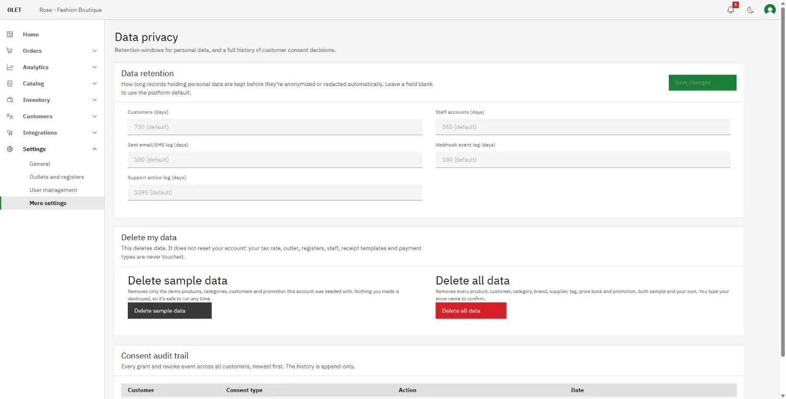 The data privacy page showing retention windows and the consent audit trail
