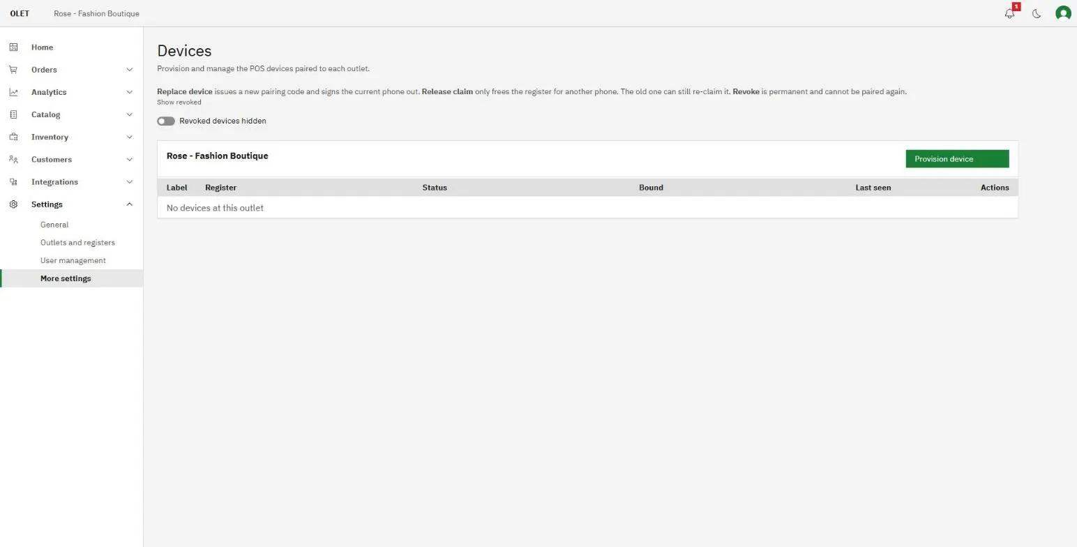 The devices page listing the devices provisioned at an outlet