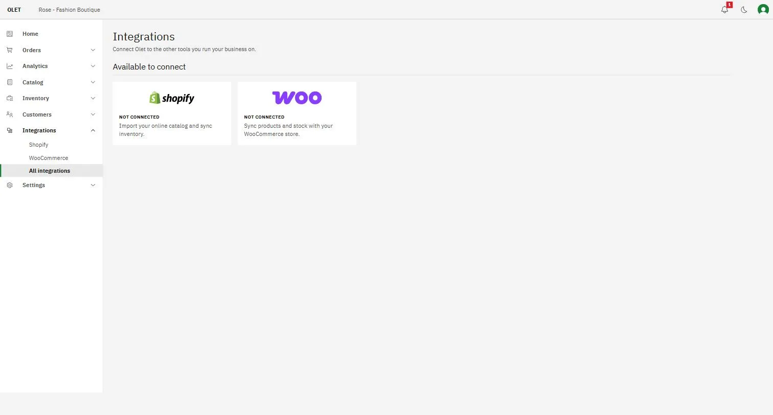 The integrations directory showing the Shopify tile and its connection state