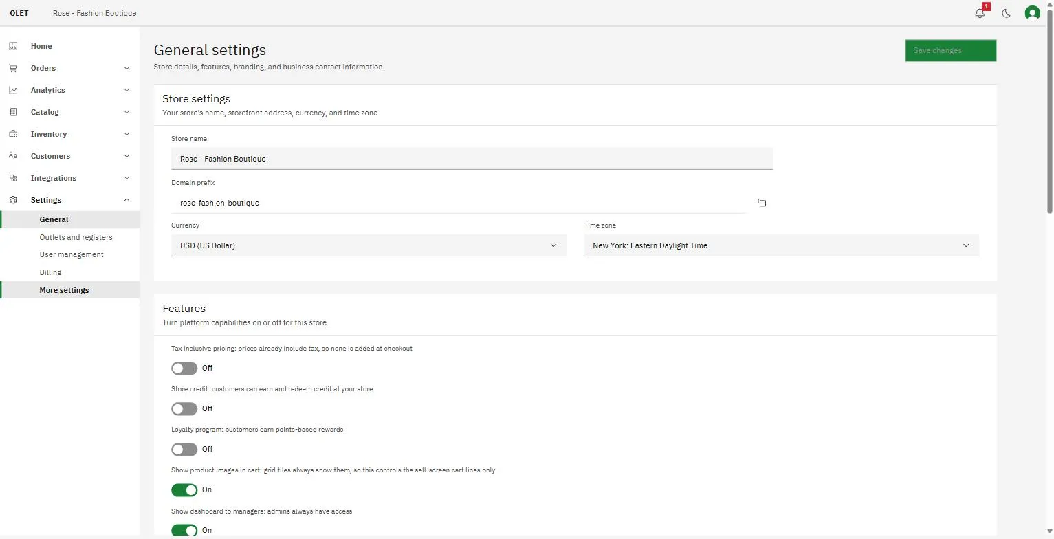 The general settings page with the store name, currency, and time zone fields