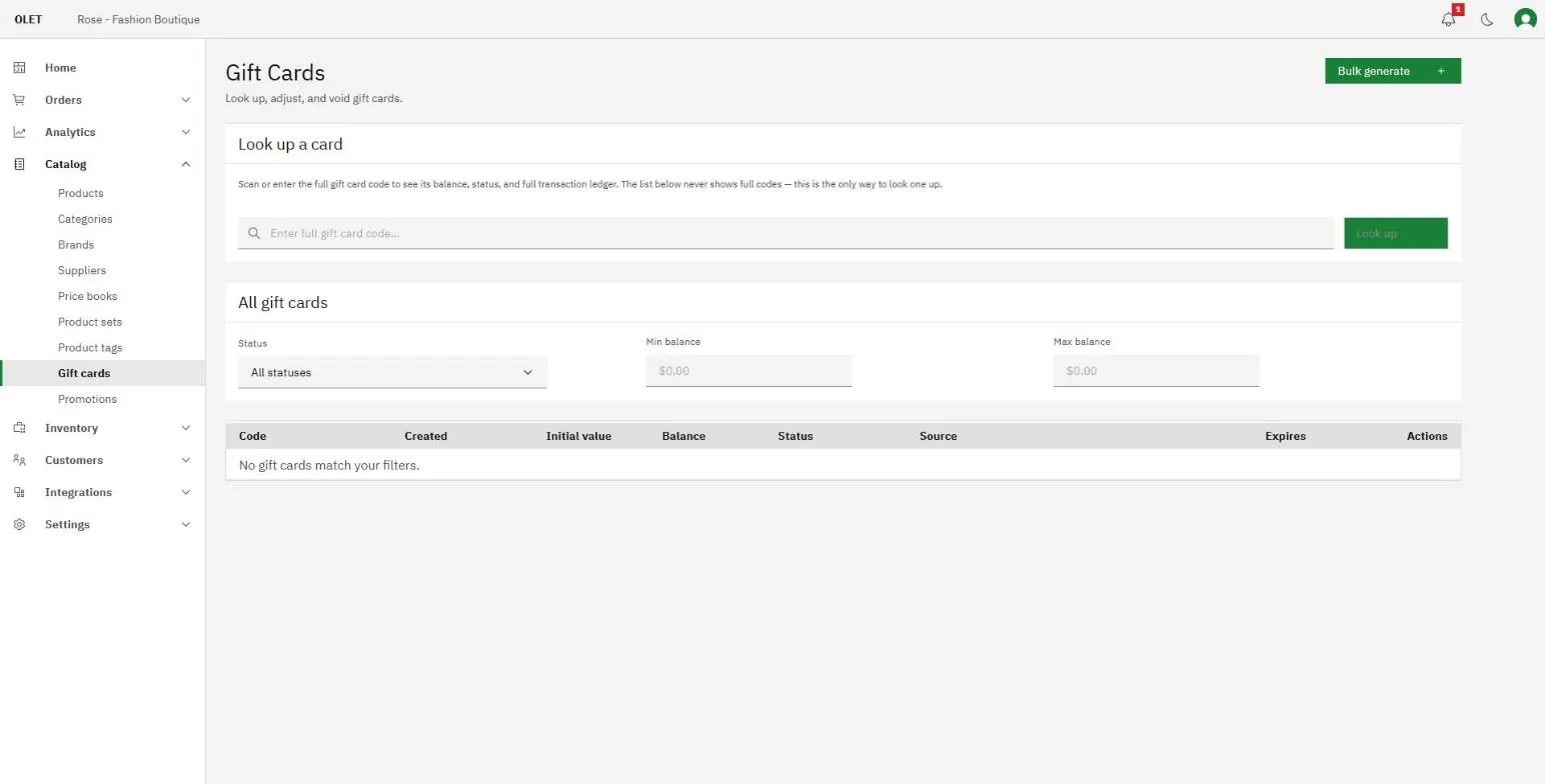 The gift cards list showing code, created date, initial value, balance, status, source, and expiry