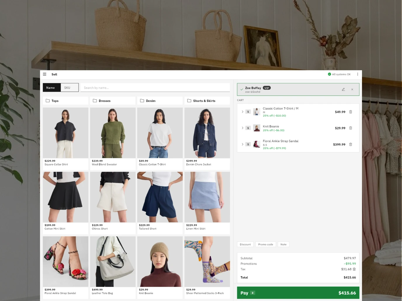 Olet sell screen with a clothing product grid beside a VIP customer's cart, each line showing a 25 percent promotion, totaling to a subtotal, promotions, tax, and a pay button