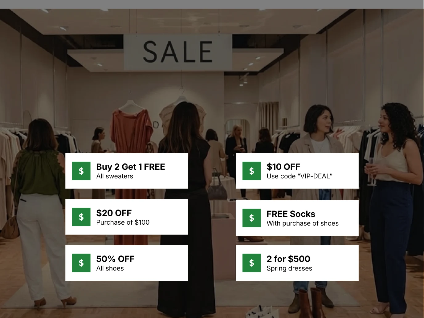 Six promotion rules running at once in a store on sale: buy two get one free on sweaters, twenty dollars off a hundred, fifty percent off shoes, ten dollars off with a code, free socks with shoes, and two spring dresses for five hundred