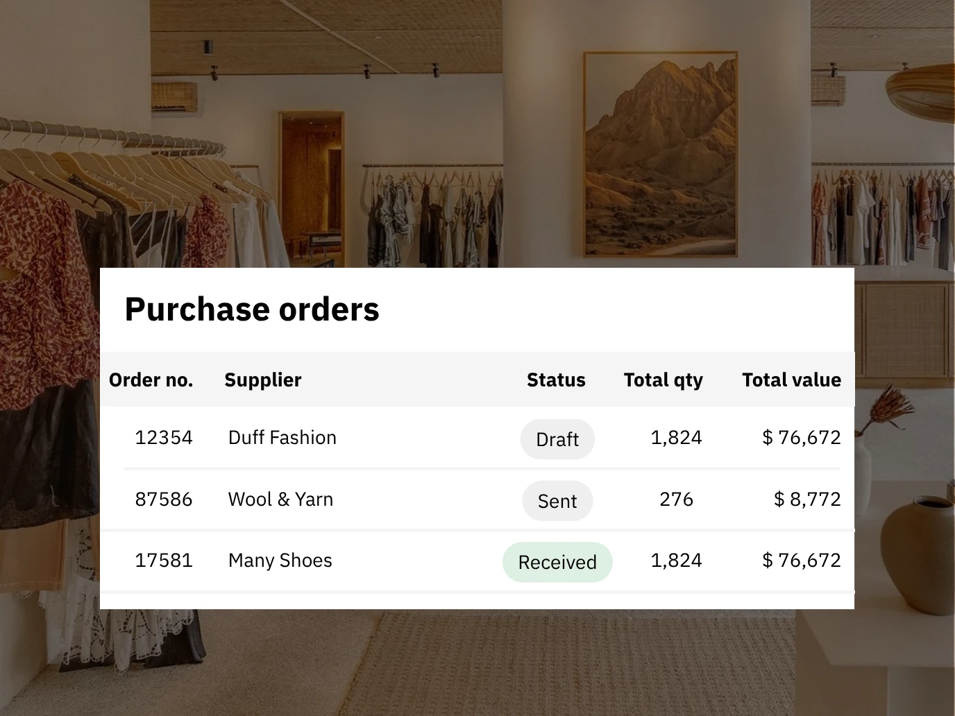 Olet purchase orders list showing supplier, status, total quantity, and total value per order, with orders sitting at draft, sent, and received