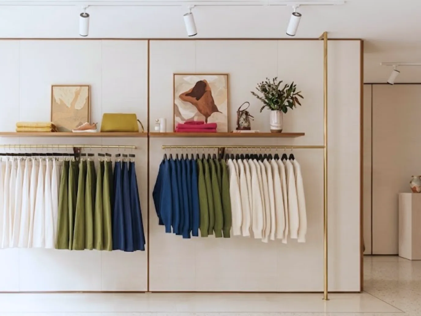A quiet shop floor with skirts and knitwear hung on brass rails under track lighting, no staff at the rack