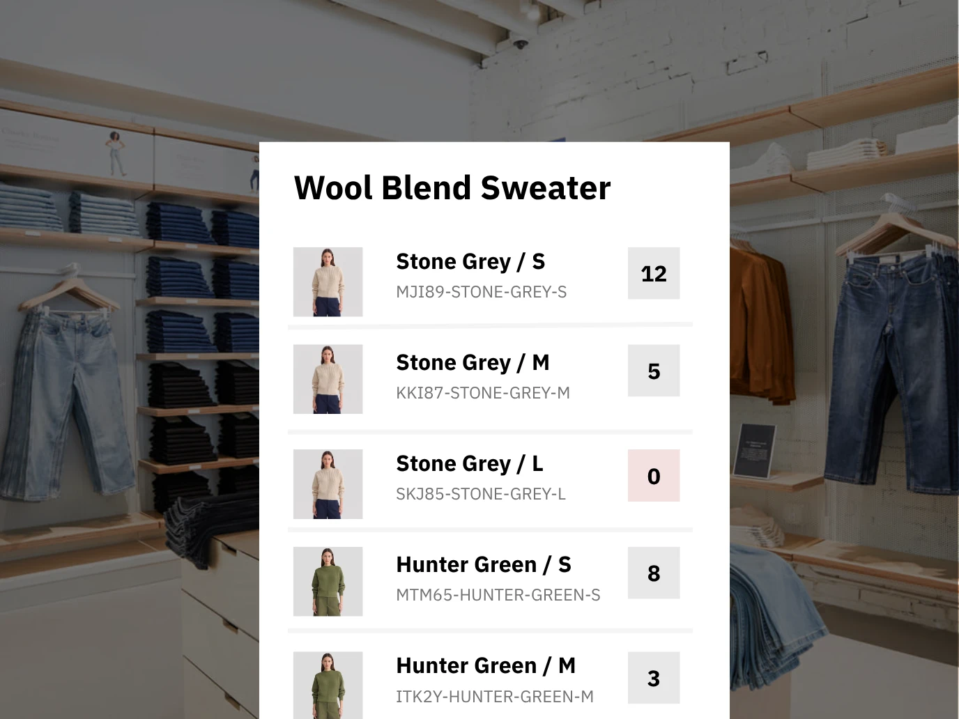 Olet inventory screen listing Wool Blend Sweater variants by size and color, each with its SKU and stock count, over a clothing store display