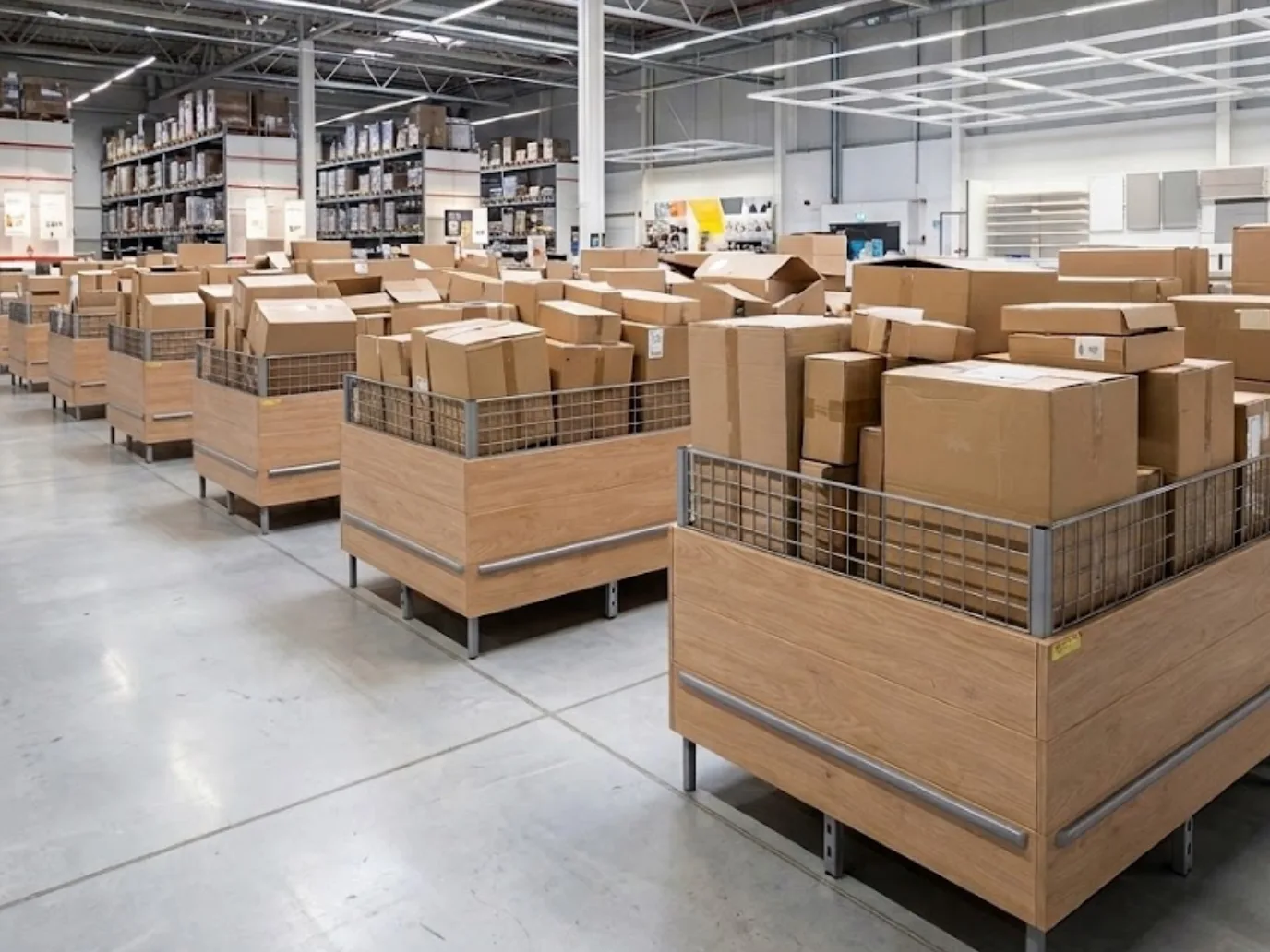 Rows of open bins on the floor of a bin store, each filled with unsorted boxed merchandise