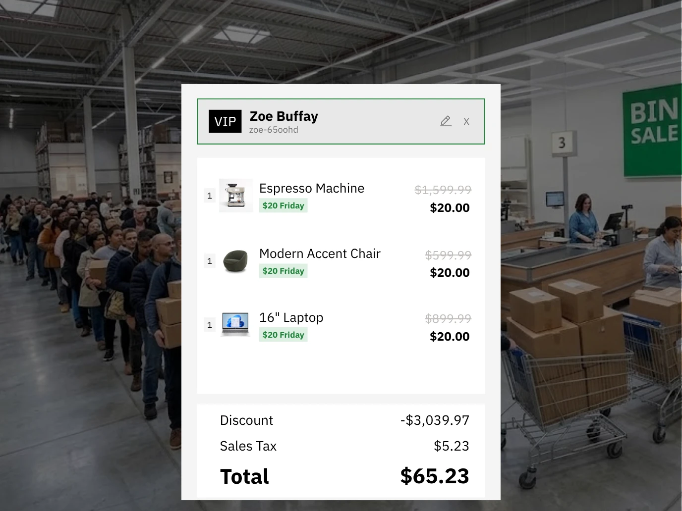 Olet checkout for a VIP customer at a bin sale, three items of very different retail value each dropping to the twenty dollar Friday price, with the discount and total below