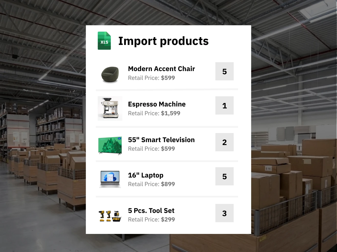 Olet spreadsheet import listing mixed liquidation stock, each line with a product image, retail price, and quantity, over a warehouse of bins