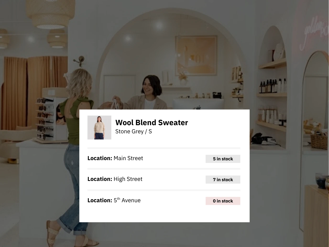 Olet stock lookup for a Wool Blend Sweater in Stone Grey, small, showing five in stock at Main Street, seven at High Street, and none at 5th Avenue, over a shop counter handover