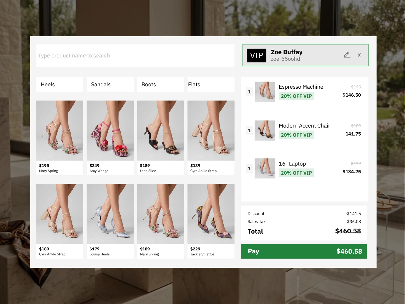 Olet checkout screen with a grid of heels and sandals, a VIP customer attached to the sale, a 20% VIP discount applied to each line, and a Pay button for the total