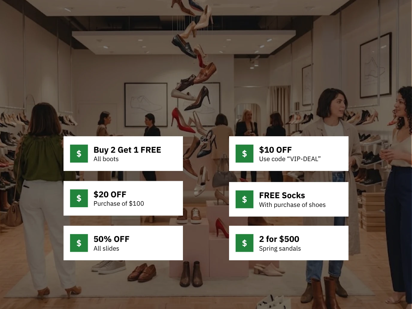 Six Olet promotion cards over a busy shoe store floor: Buy 2 Get 1 Free on boots, $10 off with a VIP code, $20 off a $100 purchase, free socks with shoes, 50% off slides, and 2 for $500 spring sandals