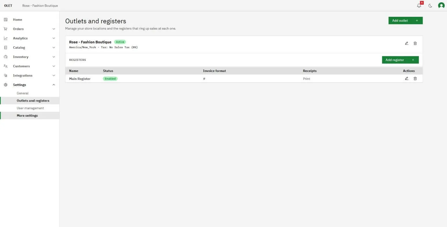 The outlets and registers page with an outlet card and the registers listed under it