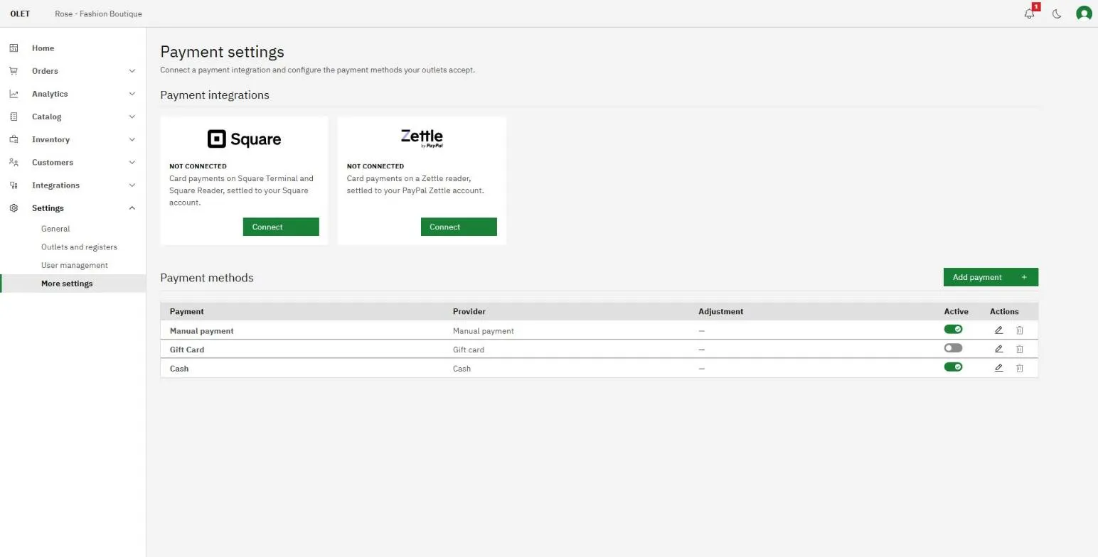The payment settings page showing the payment integrations and the payment methods table