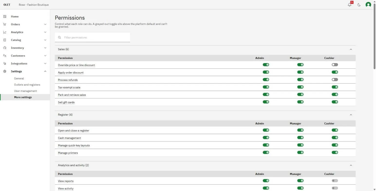The permissions page showing a group of abilities with a toggle per role