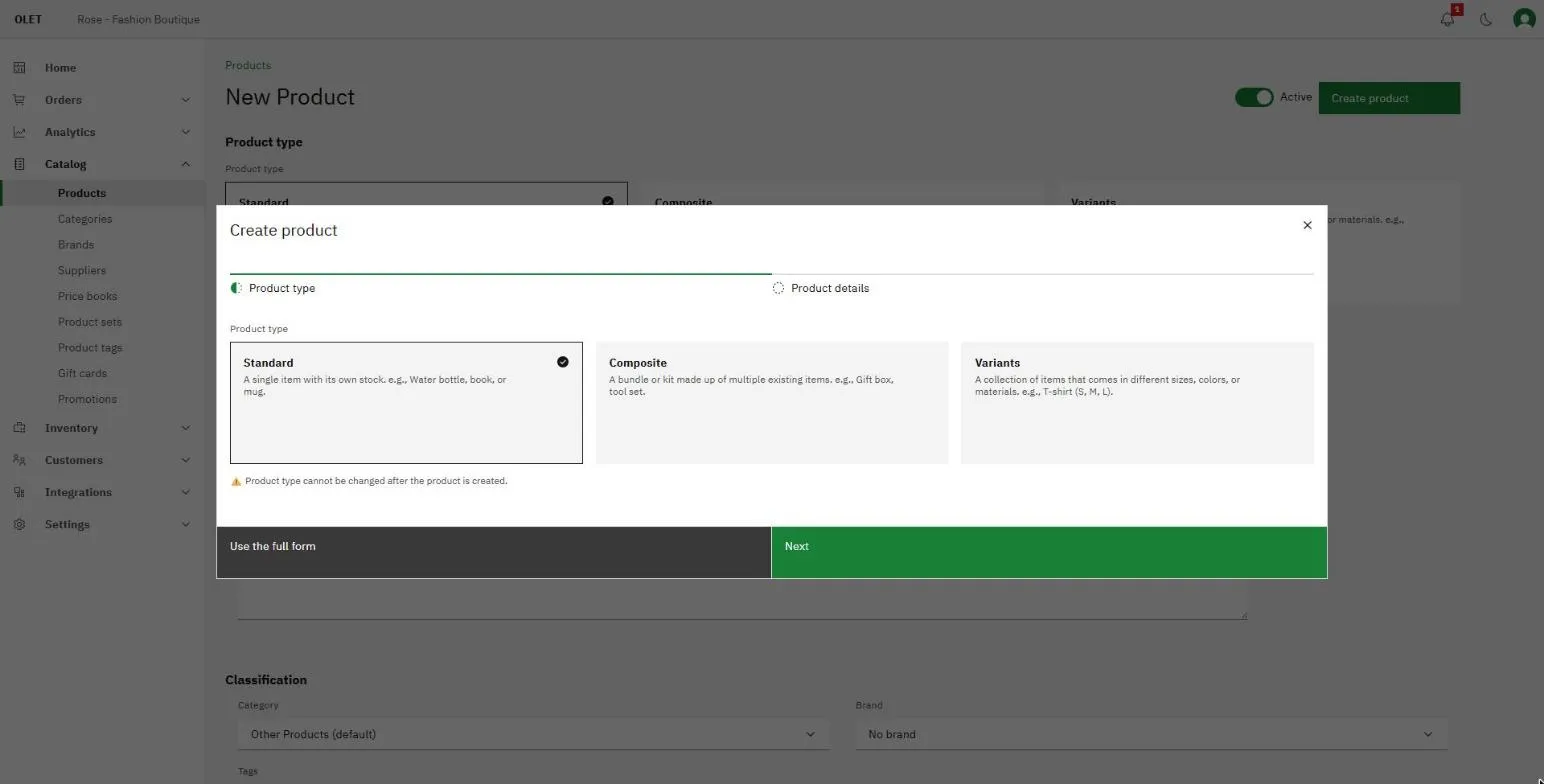 The Create product dialog asking for the product type