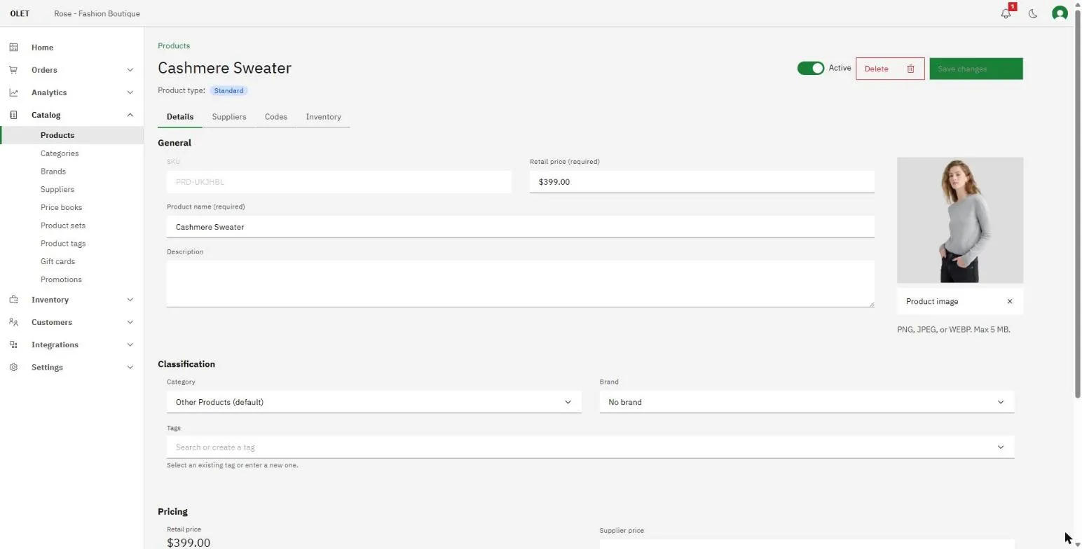 A saved product open on the Details tab, showing the General and Classification sections