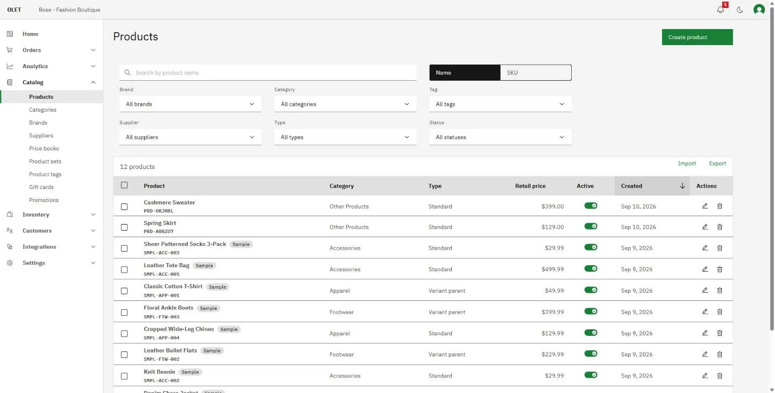 The Import and Export buttons above the product list
