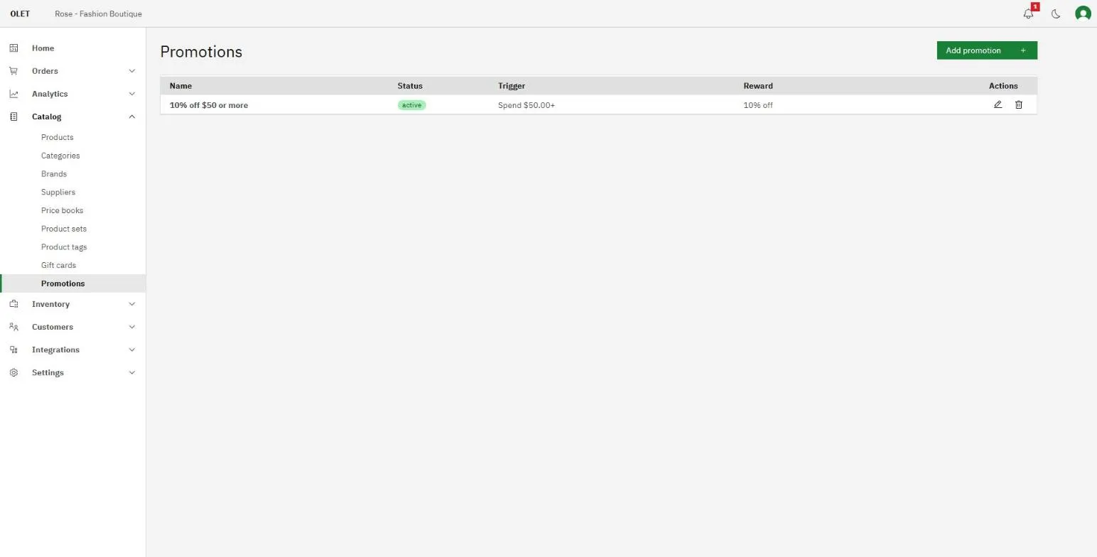 The promotions list showing name, status, trigger, and reward on each row