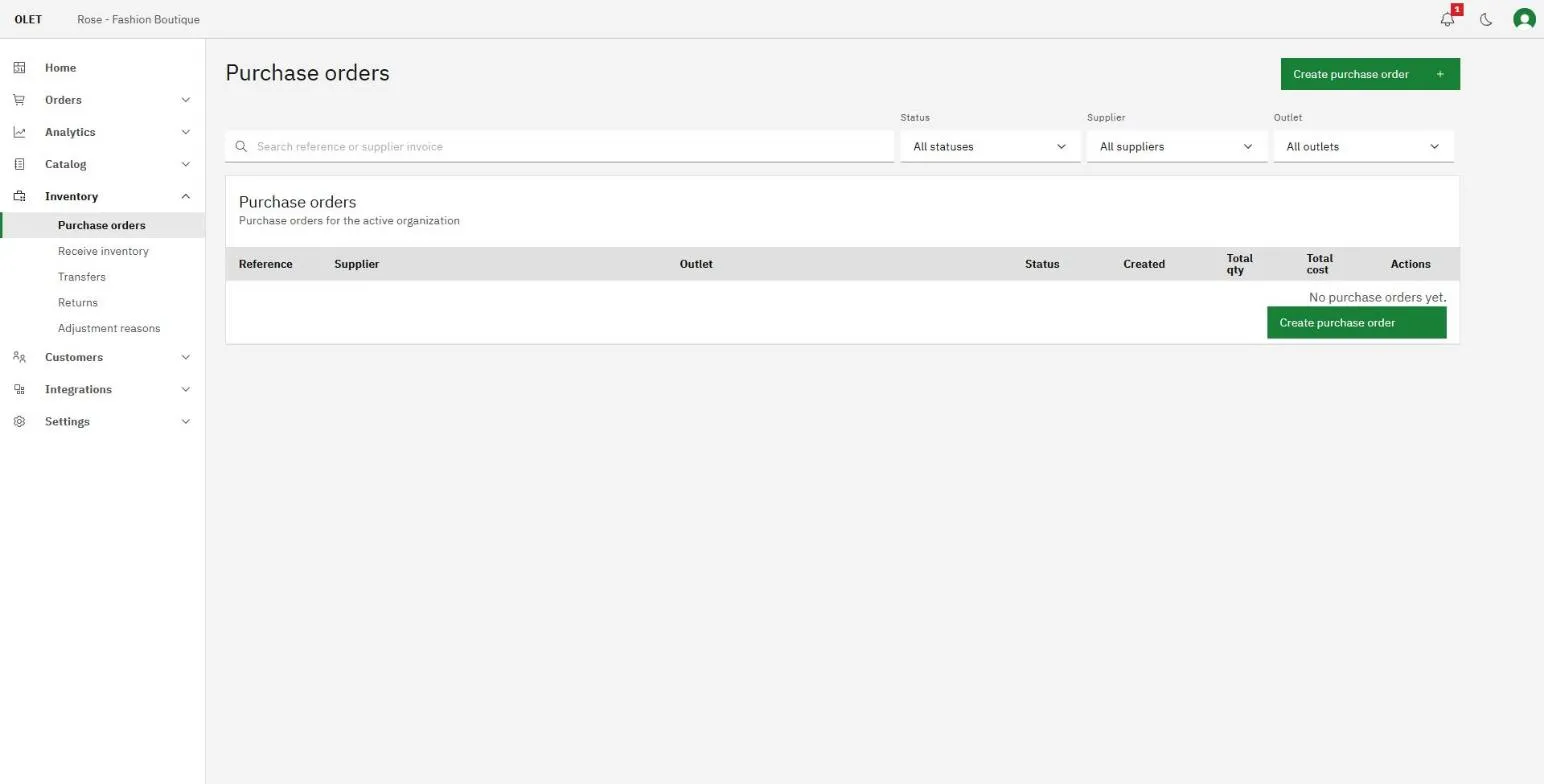 The purchase order list with a status column