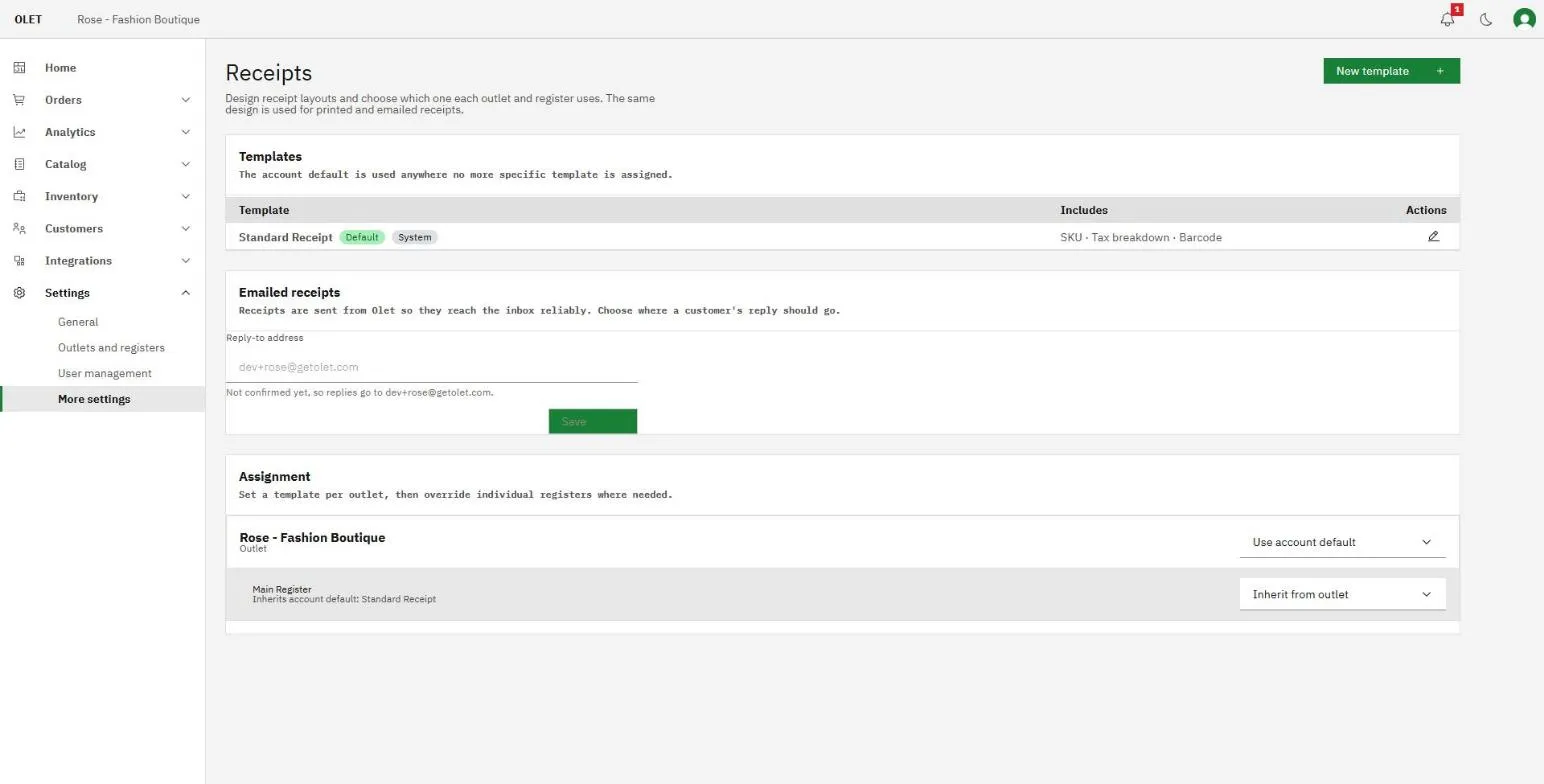 The receipts settings page showing the template list and the assignment section