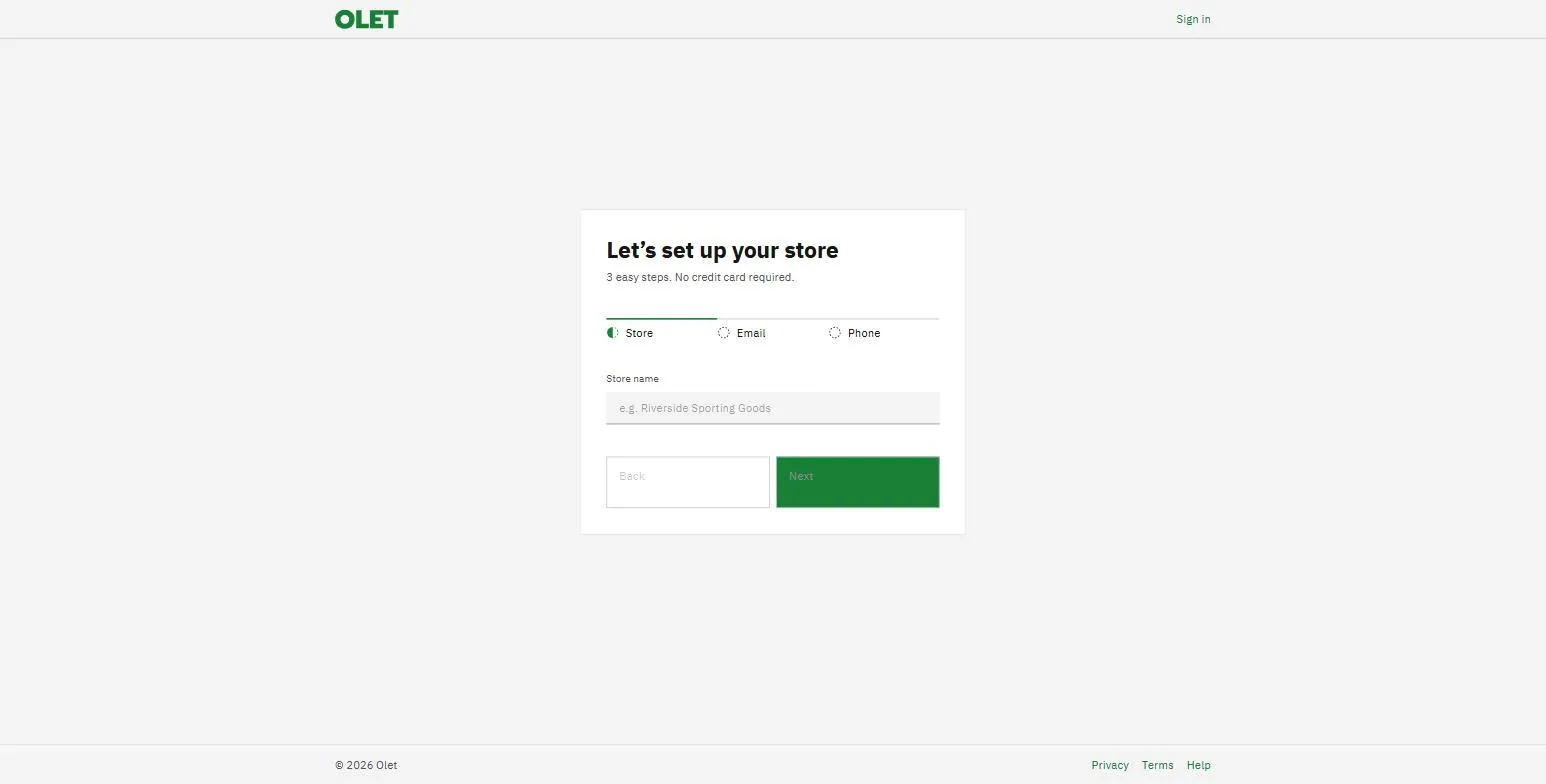 The OLET sign-up form asking for a store name