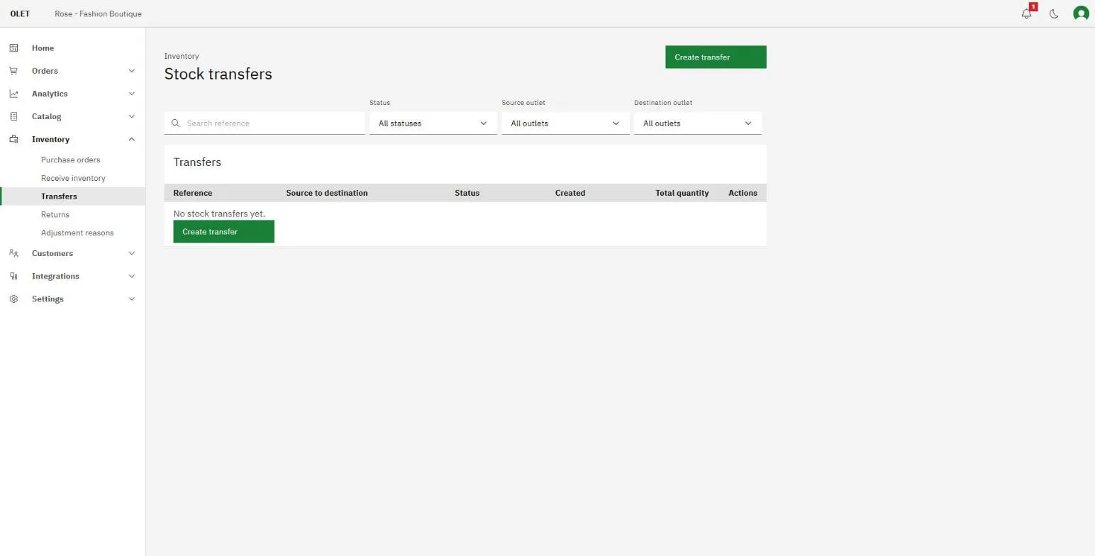 The stock transfer list with a source to destination column