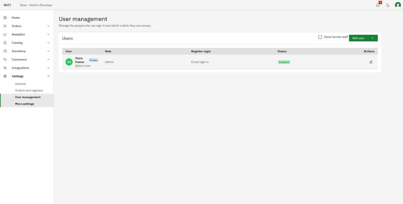 The user management page listing staff and their roles